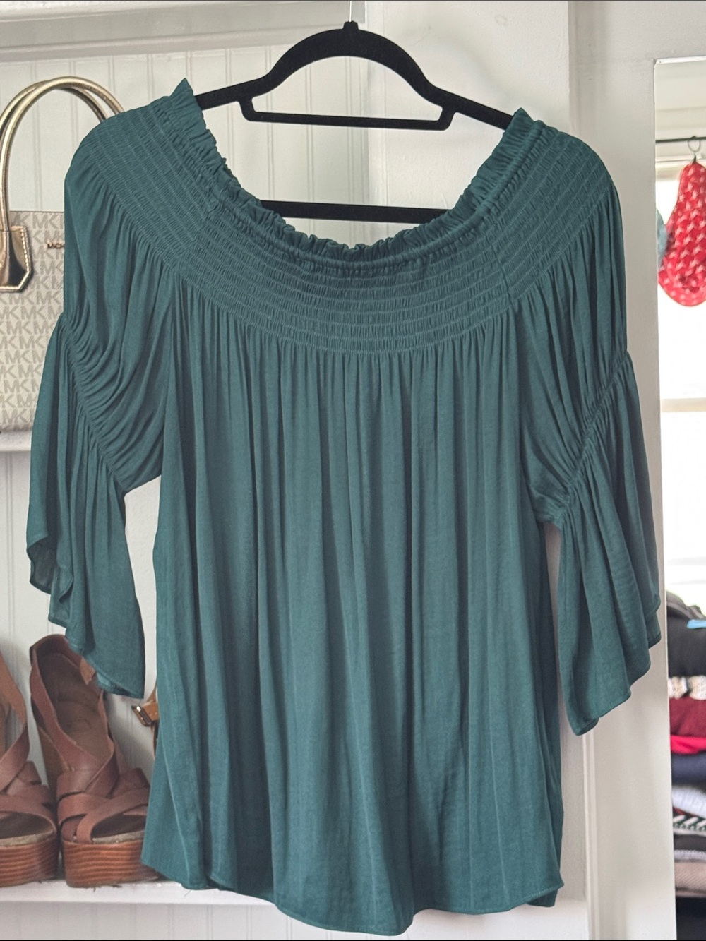 Naked Zebra Teal Off-Shoulder Smocked Top SzL